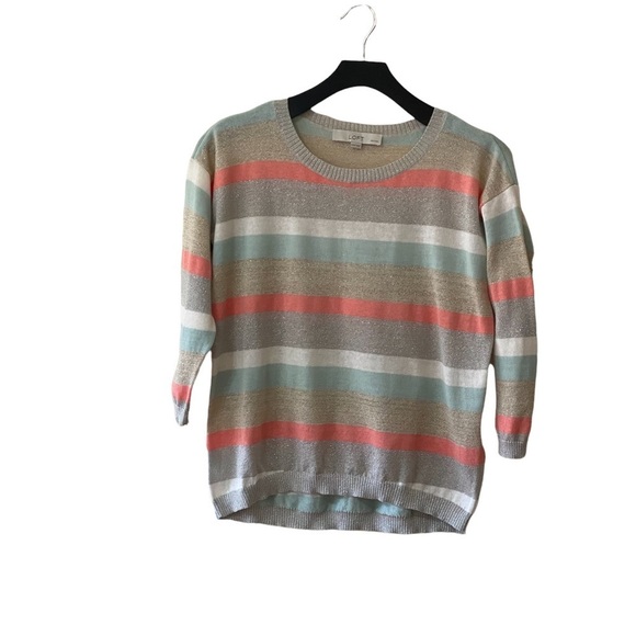 LOFT‎ Linen Blend Shimmer Striped Crewneck Sweater - Picture 2 of 8